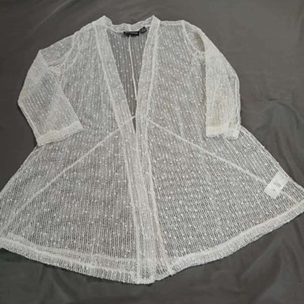 Nina Leonard Medium white sheer-knit hip-length long-sleeved cardigan delicate